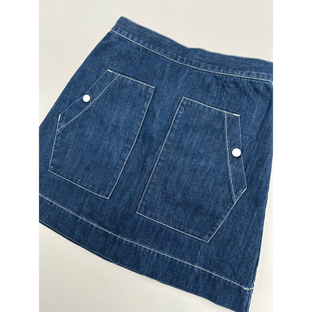 Peacebird Denim Mini Skirt Dark Wash Contrast Stitch Utility Pockets Blue Womens